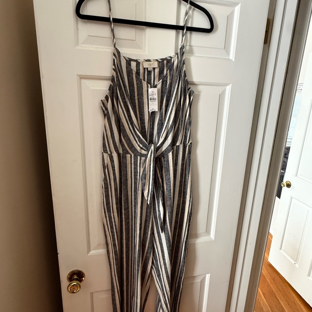 LOFT Blue and White Striped Tie-Front Jumpsuit